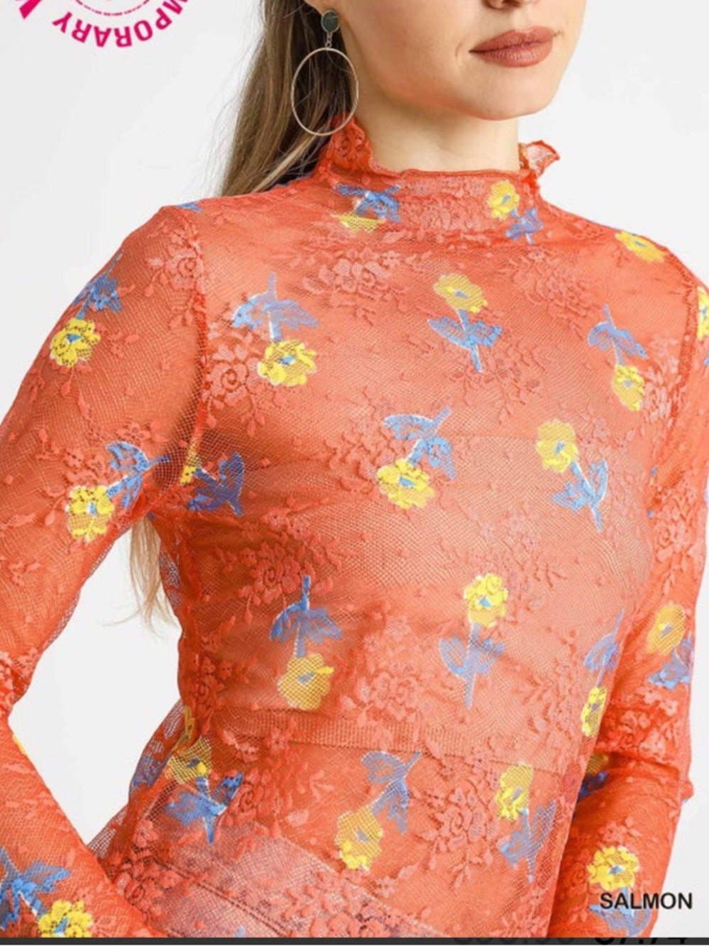 Umgee Coral Floral Lace Mock Neck Long Sleeve Top-Medium-NWOT